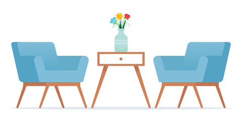 Two Armchairs and coffee table in modern style with vase. Front view. Vector illustration in flat style
