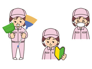 清掃員の女性　求人募集　初心者マーク　マスク着用