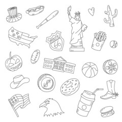 usa country nation doodle hand drawn set collections with outline black and white style