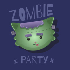 Flat scary cartoon horror zombie (frankenstein). Cute cats halloween monster character. Illustration of cat in halloween zombie (frankenstein) costumes. Cards for halloween party. Halloween poster.