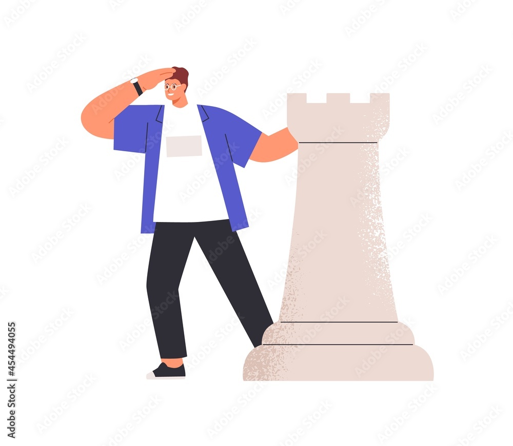 Poster person with chess piece searching opportunity, seeking for solution, looking forward and estimating 