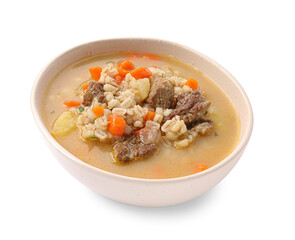 Bowl with tasty beef barley soup on white background