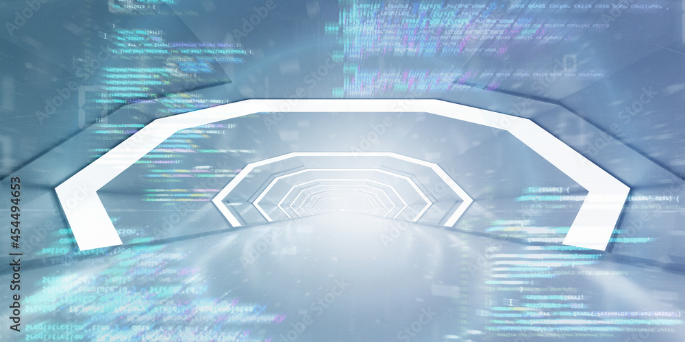 Poster light corridor modern background. futuristic sci-fi tunnel. 3d rendering