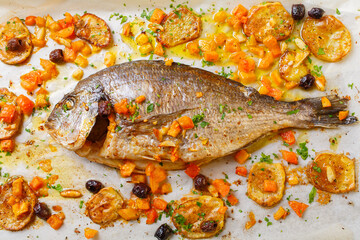 Pesce appena sfornato con patate, olive e pomodori pronto per essere pulito e sfilettato