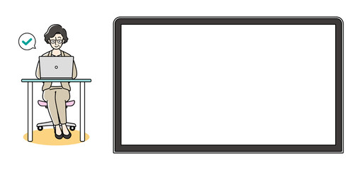 大きなパソコン画面の横でパソコン作業をするビジネスウーマン
