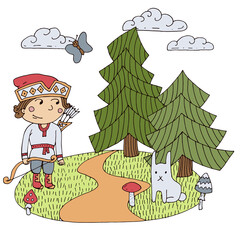 Stylized characters of a children's fairy tale, Archer and Bunny. Vector illustration to a fairy tale. Individual objects on a white background. Doodle: hare, trees, Archer, clouds