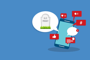 Social media concept - Viral content, social activity and smm - likes, shares and comments popping up on the mobile screen, with a speech bubble and a tombstone with rest in peace privacy text.  