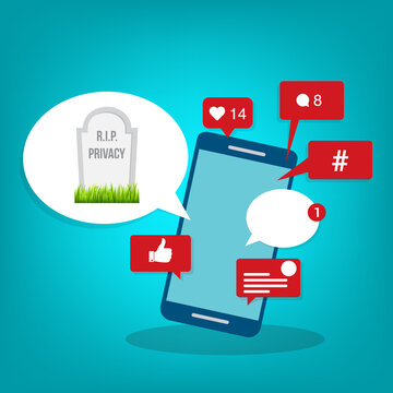 Social media concept - Viral content, social activity and smm - likes, shares and comments popping up on the mobile screen, with a speech bubble and a tombstone with rest in peace privacy text.  