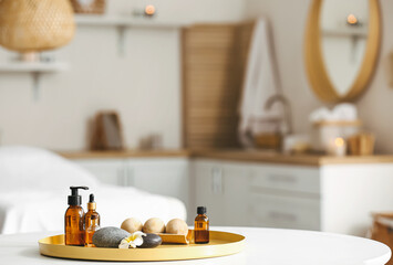 Tray with beautiful spa composition in salon