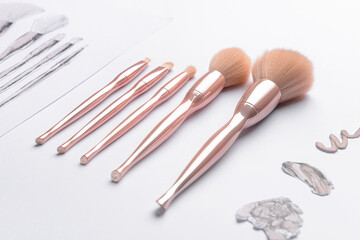 Set of makeup brushes with drawings on white background