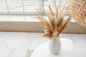 Vase with pampas grass on table in living room