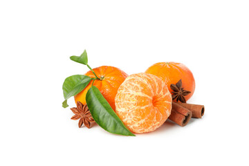 Mandarins and cinnamon isolated on white background
