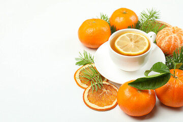 Concept of mandarin tea on white background
