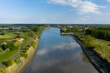 Scheldt river on a summer day. Aerial view