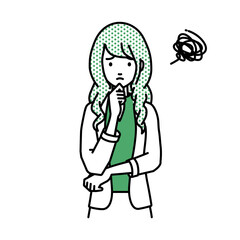 立って手をあごにあてて困っているジャケットの女性