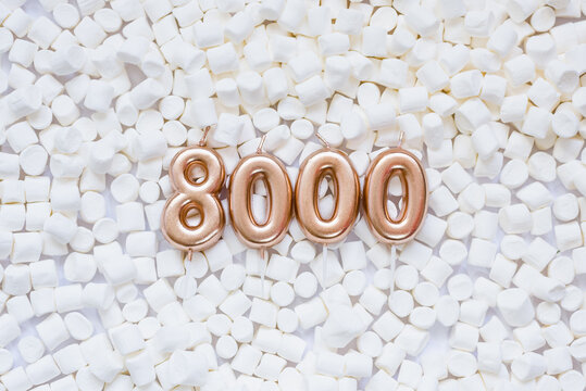 8000 followers card. Template for social networks, blogs. Background with white marshmallows