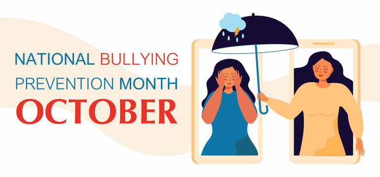 National Bullying Prevention month in October in USA. Victim scene in society.