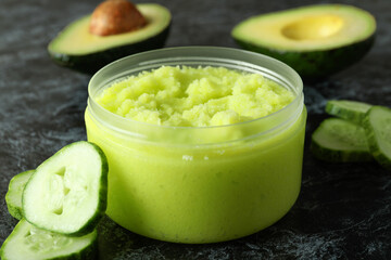 Natural spa cosmetics on black smokey table