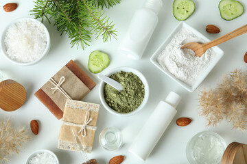 Natural spa cosmetics on white background, top view