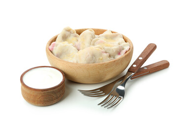 Bowl with pierogi with cherry isolated on white background