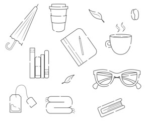 Autumn set. Glasses, umbrella, notebook, plaid, mug, tea, books, coffee
