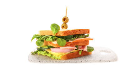 Board with tasty sandwich on white background
