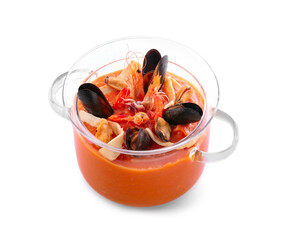 Pot of tasty Cacciucco soup on white background