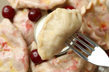 Fork with tasty pierogi with cherry, close up