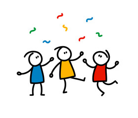 Three doodle people jumping and dancing. Vector art.