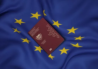 Gordijnen Cyprus passport with European Union flag in background © hamzeh