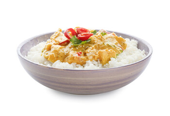 Bowl of tasty chicken curry with rice on white background
