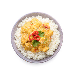 Bowl of tasty chicken curry with rice on white background