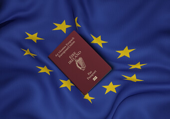 Ireland passport with European Union flag in background

