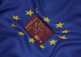 Luxembourg passport with European Union flag in background
 - obrazy, fototapety, plakaty
