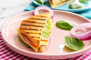 Plate with tasty sandwich on table, closeup