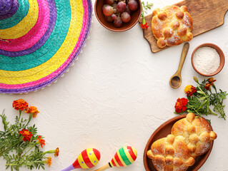 Composition with bread of the dead, sombrero and maracas on white background. Celebration of...