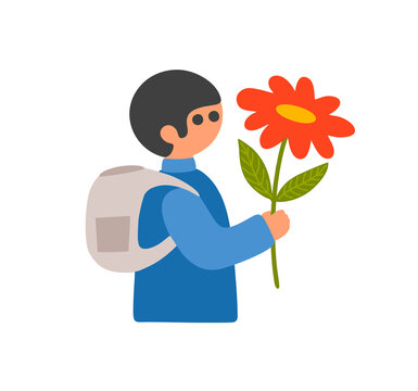 Pupil boy with big flower going to school. Present to the teatcher.