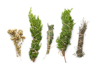 Different herbs for aura cleansing on white background