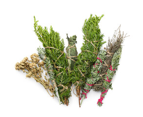 Different herbs for aura cleansing on white background