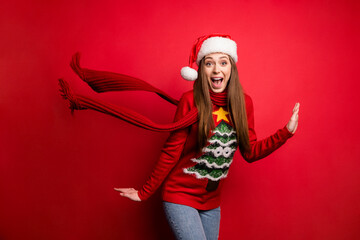 Photo of young amazed positive happy woman fly scarf shock good mood sale isolated on red color background