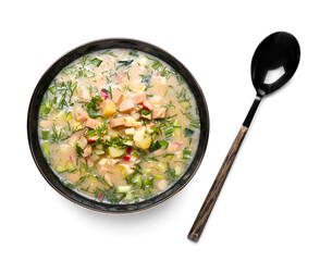 Bowl with tasty okroshka on white background