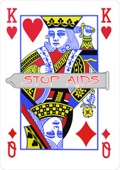 Flat composition poster of HIV AIDS prevention in the form of a playing card with the image of a condom between people, man and woman, vector illustration