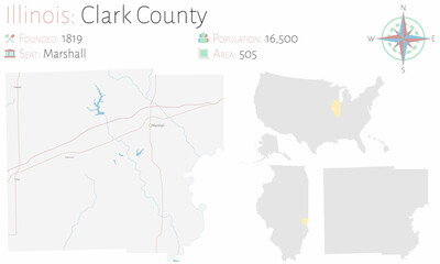Large and detailed map of Clark county in Illinois, USA.