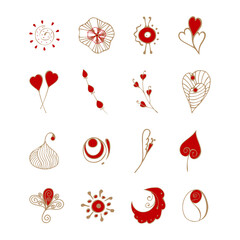 Fototapeta na wymiar Stickers icons LOVE doodle hearts flowers red and gold for Valentines Day, hand drawing. Isolated, white background. Design elements. Vector illustration