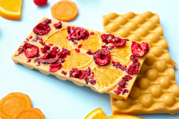 Handmade chocolate bars with fruits and berries on color background, closeup