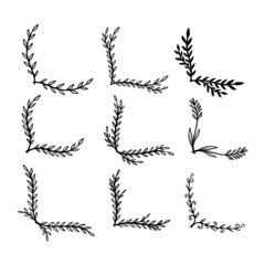 Set of hand drawn floral corners. Floral text dividers. Design element for greeting card, t shirt, poster. Vector illustration