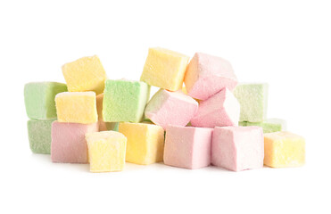 Tasty sweet marshmallows on white background
