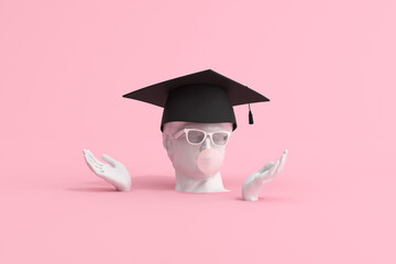 3d rendering of graduation cap on happy human sculpture. - 454502205