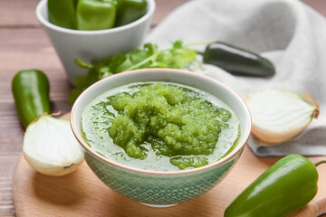 Bowl of Tomatillo Salsa Verde sauce on table