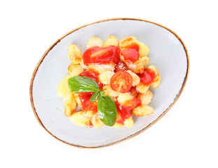 Delicious gnocchi with tomato sauce in plate on white background